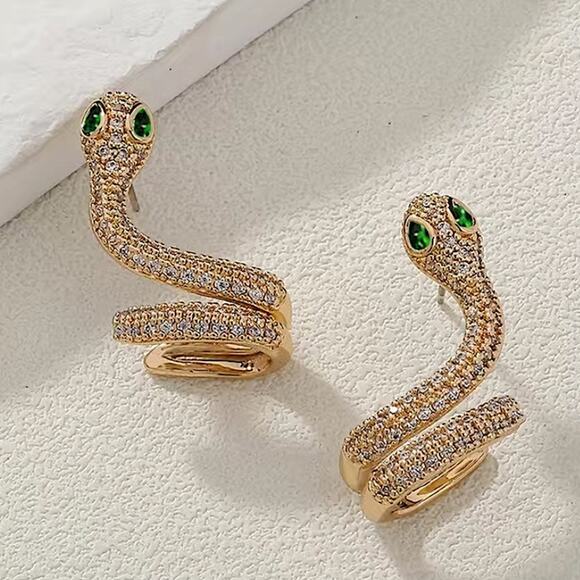 Gold Snake Zircon Earrings Creative Design Trendy Serpent - Picture 3 of 6